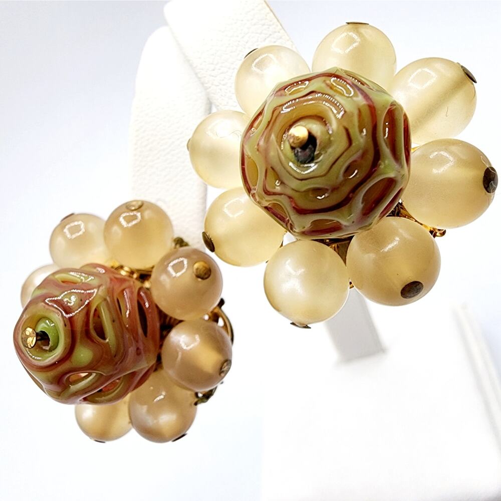 Hobé Lampwork Glass Clip Earrings, Champagne Moonglow Lucite – Signed Vintage